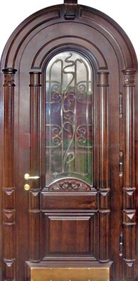 Арочная металлическая дверь массив со стеклом и ковкой ДА-50 в Бронницах