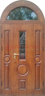 Двустворчатая железная дверь МДФ со стеклом в форме арки ДА-52 в Бронницах