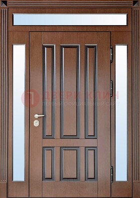 Железная дверь со стеклом и фрамугами в коричневом цвете ДФГ-8 в Бронницах
