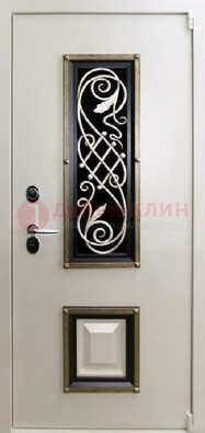Белая стальная дверь с ковкой со стеклопакетом и МДФ ДК-30 в Бронницах