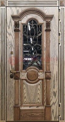 Железная дверь с массивом дуба со стеклом и ковкой ДМД-47 в Бронницах
