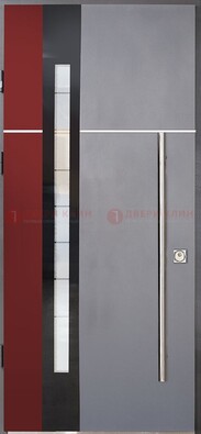 Серая входная дверь с порошковым окрасом и красной вставкой ДП-175 в Бронницах
