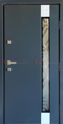 Серая стальная дверь с порошковым покрытием и стеклянной вставкой ДП-216 в Бронницах
