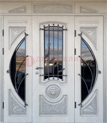 Большая парадная дверь Винорит со стеклом и ковкой ДПР-108 в Бронницах