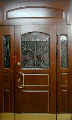 Стальная парадная дверь со вставками из стекла и ковки ДПР-30 в коттедж в Бронницах
