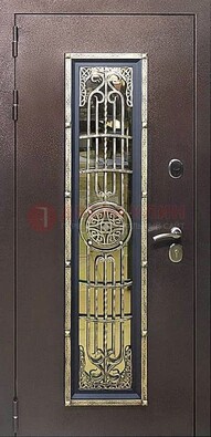 Железная дверь цвета медный антик со стеклом и ковкой ДСК-105 в Бронницах