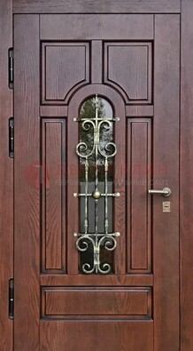Cтальная дверь со стеклом и ковкой в коричневом цвете ДСК-119 в Бронницах