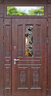 Коричневая железная дверь со стеклом и ковкой на улицу ДСК-127 в Бронницах