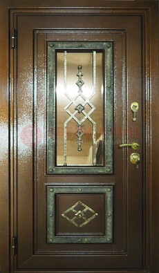 Теплая входная дверь со стеклом и ковкой разноцветной ДСК-13 в Бронницах