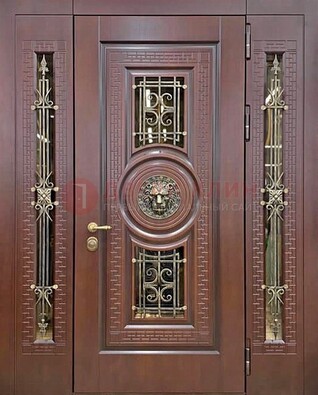 Коричневая стальная дверь со стеклом и ковкой ДСК-147 с фрамугами в Бронницах