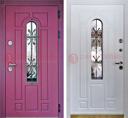 Розовая металлическая дверь со стеклом и ковкой ДСК-151 в Бронницах
