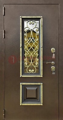 Входная дверь порошок со стеклом и ковкой для коттеджа ДСК-166 в Бронницах