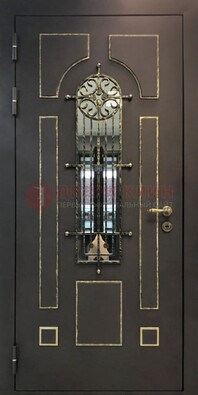 Темная входная дверь Винорит со стеклом и ковкой ДСК-211 в Бронницах