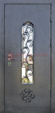 Темная стальная дверь Порошок со стеклом и ковкой ДСК-217 в Бронницах