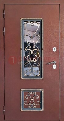 Уличная дверь Порошок со стеклом и ковкой для дома ДСК-218 в Бронницах