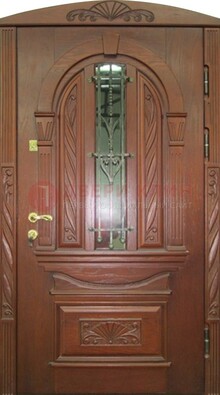 Узорная железная дверь массив со стеклом и ковкой ДСК-247 в Бронницах
