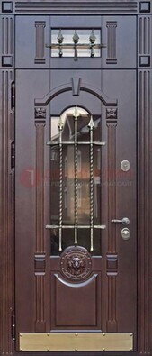 Металлическая дверь массив со стеклом и ковкой с фрамугой ДСК-249 в Бронницах