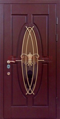 Бордовая стальная дверь Винорит со стеклом и ковкой ДСК-263 в Бронницах