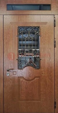 Металлическая входная дверь со стеклом и ковкой для дома ДСК-96 в Бронницах