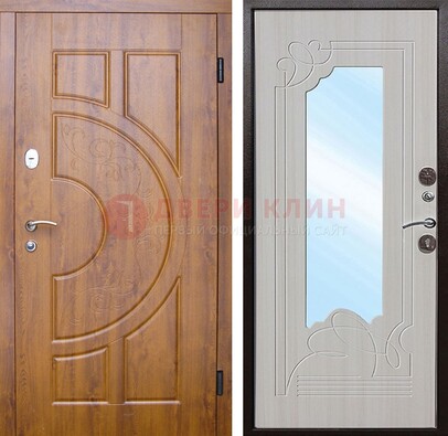 Коричневая металлическая дверь c МДФ с узором и зеркалом ДЗ-105 в Бронницах