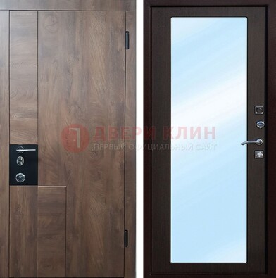 Коричневая металлическая дверь c МДФ с зеркалом ДЗ-106 в Бронницах