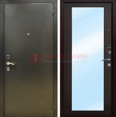 Входная темно-серая дверь c порошковым покрытием и МДФ с зеркалом ДЗ-114 в Бронницах