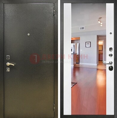 Входная темно-серая дверь c порошковым покрытием и Белой МДФ с зеркалом ДЗ-115 в Бронницах