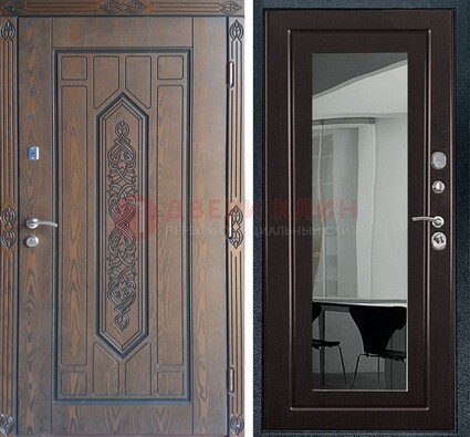 Уличная коричневая дверь c виноритом и МДФ Венге с зеркалом ДЗ-116 в Бронницах