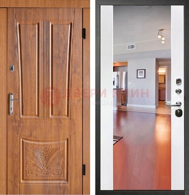 Входная коричневая дверь терморазрыв c виноритом и белая МДФ c зеркалом ДЗ-123 в Бронницах