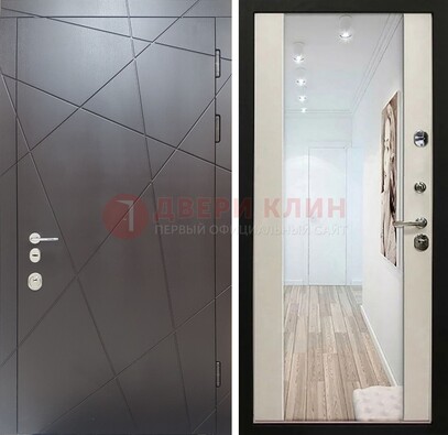 Железная коричневая дверь со светлой МДФ внутри и зеркалом ДЗ-125 в Бронницах