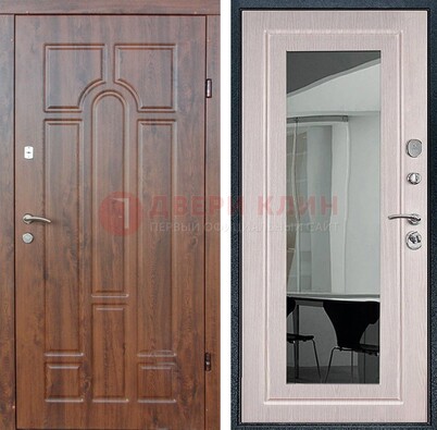 Входная коричневая дверь с МДФ Белый дуб и зеркалом ДЗ-126 в Бронницах