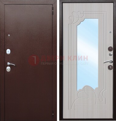 Коричневая металлическая дверь с зеркалом МДФ внутри ДЗ-33 в Бронницах