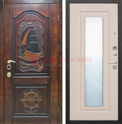 Темная дверь с резьбой и зеркалом внутри ДЗ-49 в Бронницах