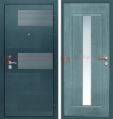 Входная дверь с зеркальной вставкой внутри с голубым МДФ с зеркалом ДЗ-71 в Бронницах