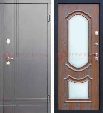 Серая входная дверь со светлой МДФ и зеркалами внутри ДЗ-77 в Бронницах