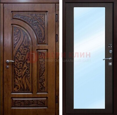Коричневая входная дверь c узором и виноритом МДФ с зеркалом ДЗ-98 в Бронницах