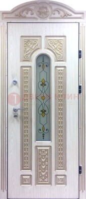Белая железная дверь с МДФ и витражом ВЖ-26 в Бронницах