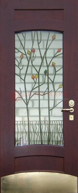 Бордовая стальная дверь с витражом и декоративным элементом ВЖ-3 в Бронницах